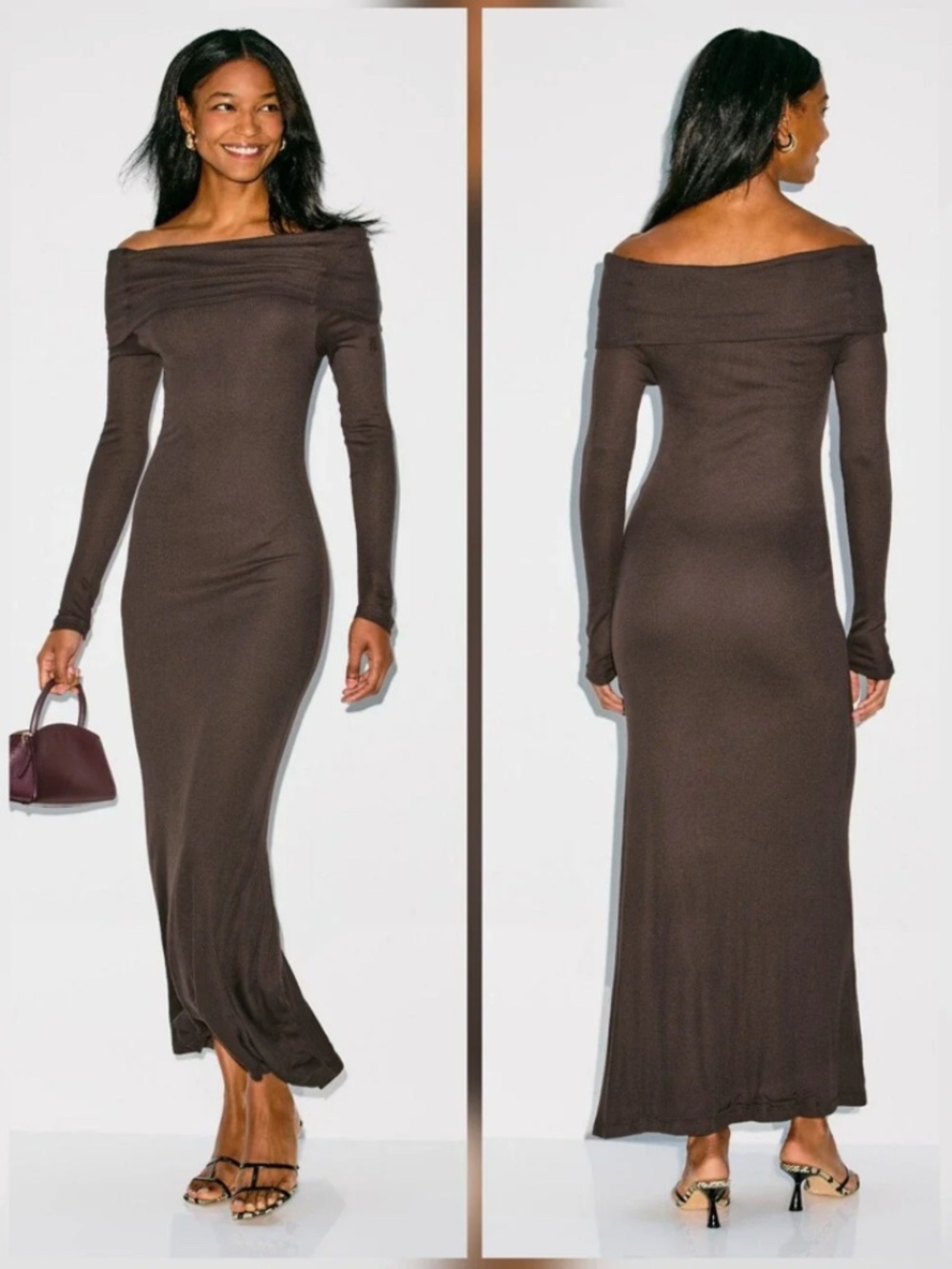 By Malene Birger Brown Off-Shoulder Long Sleeve Bodycon Maxi Dress